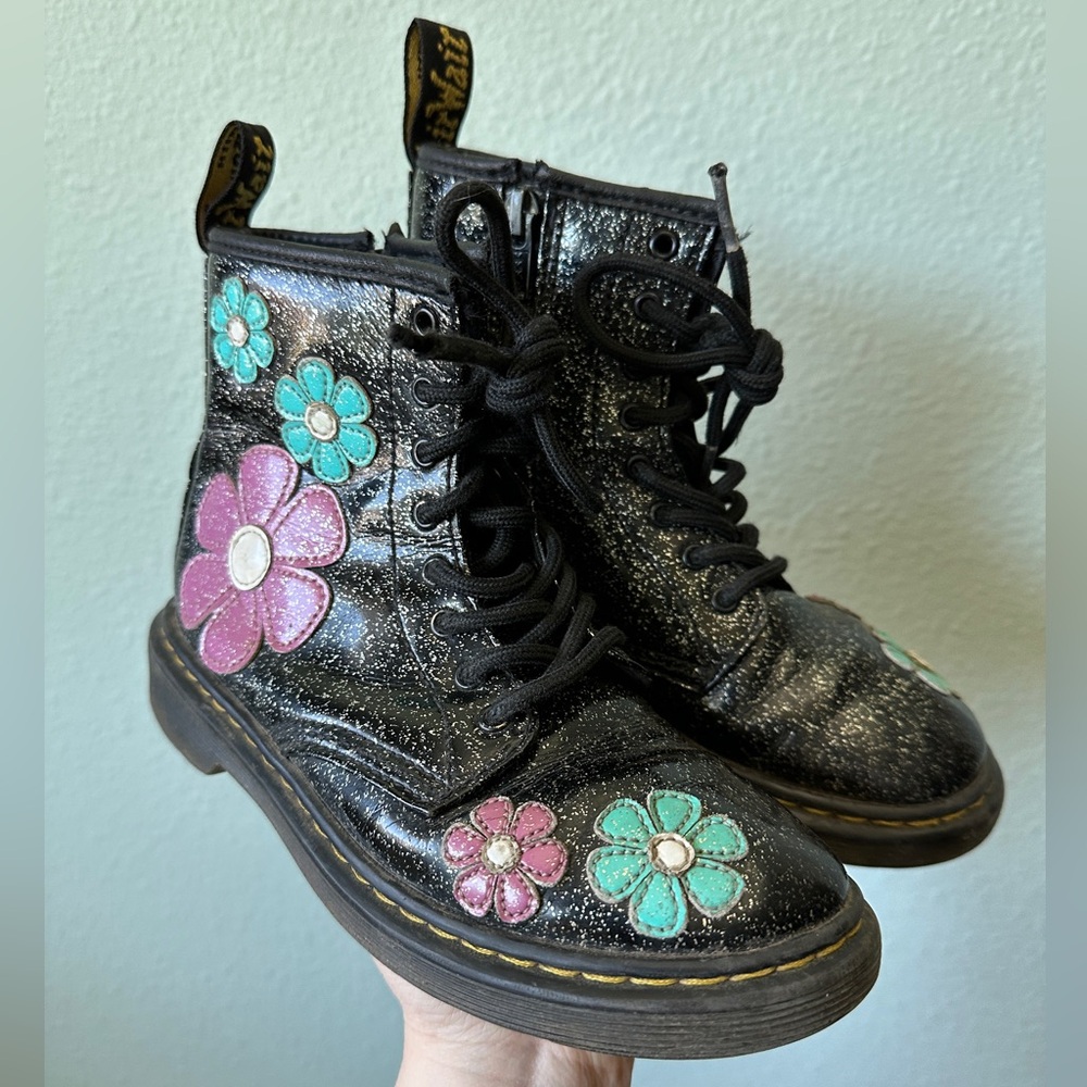 Doc Martens 1460 Junior size 2 youth Cosmic Glitter Flower zipper boots girls